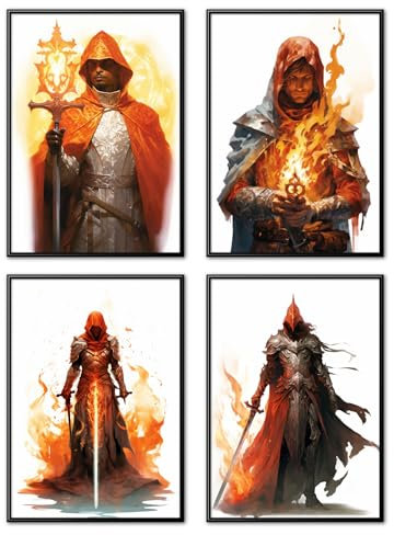 MJ-Graphics - 4er Posterset Rote Lichtwäachter - Dark Fantasy Mittelalter Ritter, Krieger, Magier, Mönch Bilder | Wandbild Din A2 in Galerie Qualität dickes Posterpapier - ohne Bilderrahmen