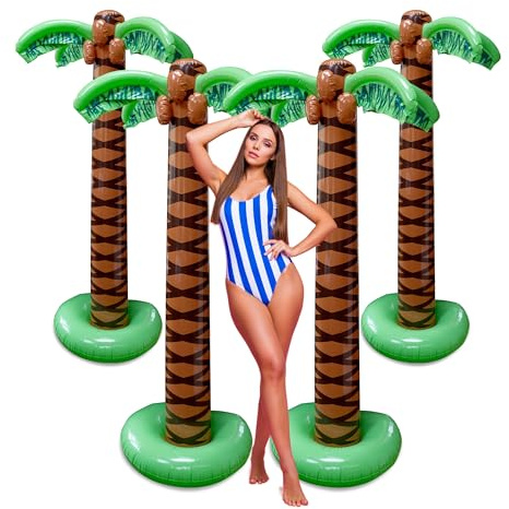 Playbees Giant Inflatable Palm Trees, 66 Inch (5.5 FT), 4 Pack, Tropical Luau Party Decorations for Beach, Poolside, Hawaiian Theme and Outdoor Events, Easy Inflation