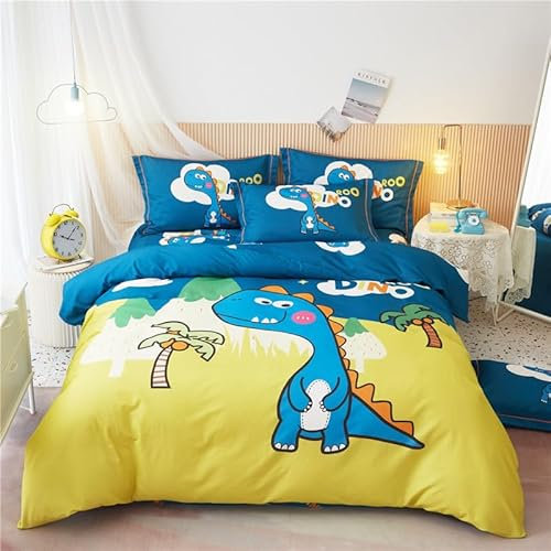 ZZTBQ Niedlich Cartoon Dinosaurier Bettwäsche für Kinder 135x200 Kinderbettwäsche Bettbezug und Kissenbezug-Set Dunkel Blau Gelb Cartoon Dino Einzelbettwäsche Set