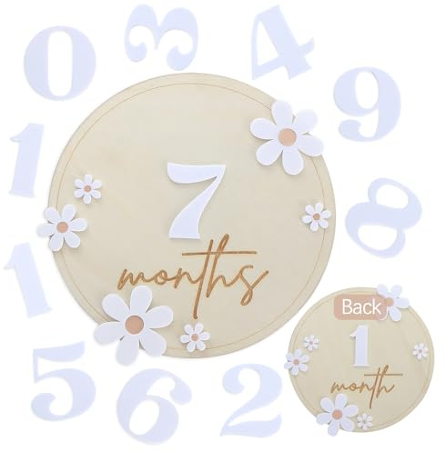 Wooden Baby Monthly Milestone Cards - Daisy Wooden Marker Discs Baby Announcement, Full Moon Party Photo Decoration Props