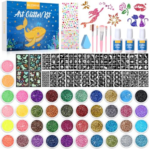 Kit Tatuajes Temporales Niños, 42 Colores Brillo Kit de Tatuajes Purpurina para Niñas, 210 Plantillas, 370 Pedrería, 5 Pinceles, 3 Pegamentos, Glitter Maquillaje para Regalo para Carnaval
