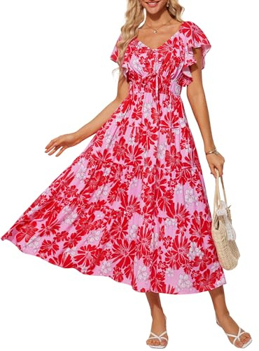 GRACE KARIN Women Summer Casual Floral Dress A-Linie Sundress Ruffle Sleeve V Neck Beach Dress Red Pink Flower XL