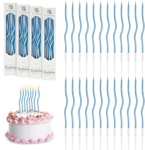 URAQT 24 Velas de Cumpleaños en Espiral, Velas de Cumpleaños en Espiral en Soportes, Velas Metálicas Largas y Delgadas Para Cupcakes Para Cumpleaños, Bodas, Decoración de Fiestas(Azul claro)