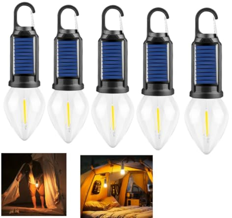 Solar Camping Lights Rechargeable Lantern, Waterproof LED Camp Tent Light with Hook, 3 Brightness Modes, Outdoor Emergency Hanging Lamp for Fishing, Hiking Party, 5pcs (Tapered)