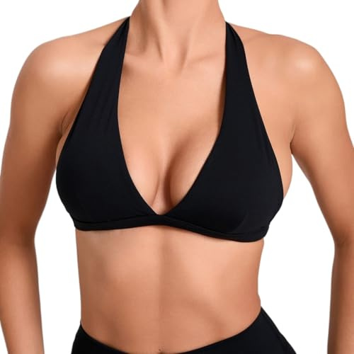 FCMWLKEJI Reggiseni Sportivi da Donna con Collo Halter Solido Alto Elastico con Imbottitura Rimovibile - Reggiseno Yoga Fitness Palestra Top Femminile per Yoga, Corsa, Allenamento, Nero , S