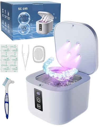 Nettoyeur Ultrasons avec Stérilisation par UV,Nettoyeur Ultrasons, 48kHz avec lumière UV, 375 ml, 4 Modes,support de nettoyage dentaire pour retenue dentaire, protège-dents, aligneur, Bijoux