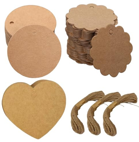 Lot de 300 étiquettes cadeaux en papier kraft avec 300 étiquettes de ficelle de jute pour emballages, mariages, fêtes, Noël, faites à la main, étiquettes au choix, marron