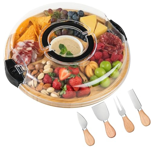 ZHUIYIWIN Cheese Board and Knife Set, Cheeseboard Serving Board with with Lid Handle, Charcuterie Board, Cheese Board Platter Christmas Tray House Warming Gift (Circular)