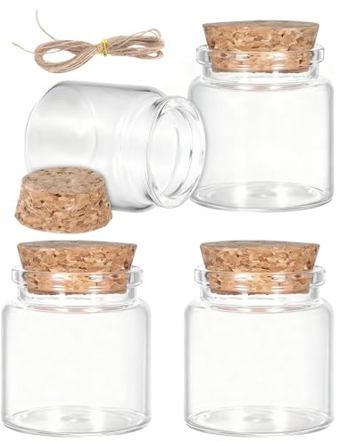 VOSSOT 4PCS Mini Bottiglie in Vetro 50 ml con Tappo in Sughero, Barattoli Trasparenti con Corda di Juta per Decorazioni Matrimonio, Bomboniere Fai da Te, Spezie e Marmellate, Riutilizzabili Ecologiche