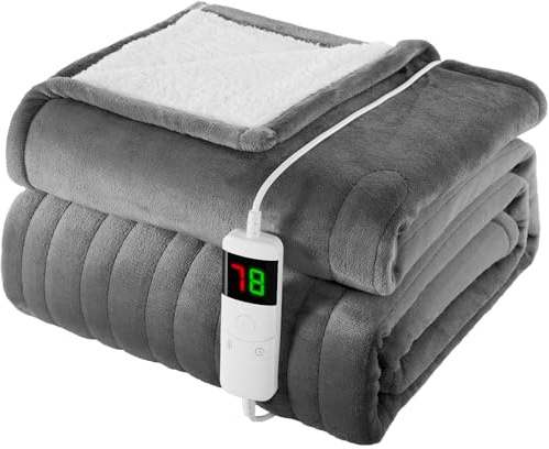 Homemate Heated Blanket Electric Throw - 130x160cm, 1/2/4/6/8 Hours Auto-Off 10 Heat Level Digital Control, Over-Heat Protection Flannel Sherpa Washable Blanket Grey