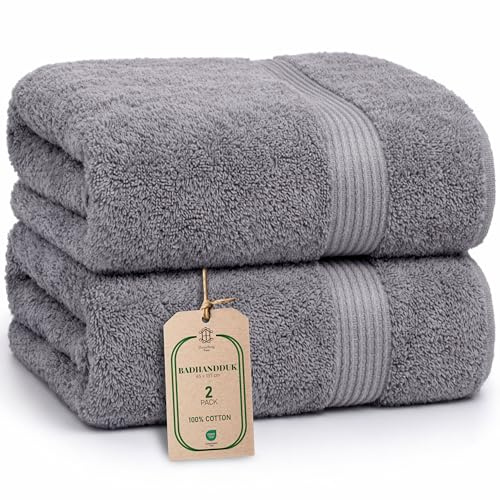 HomeBurg Luxe 2-Piece Bath Towel Set – Large Soft Cotton Towels, Absorbent, Durable & Skin-Friendly, Machine Washable, 65 x 137 cm, Stone Grey