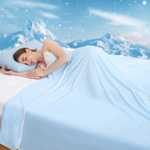 NHOWIN Cooling Blanket Single, Cooling Blanket for Night Sweats, Lightweight & Breathable Cool Blankets, Double-Sided Cool Fibre Summer Blankets for Hot Sleepers, 130 x 170 CM - Blue