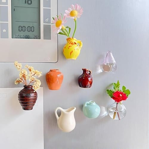 Magnetic Vase for Fridge | Pack of 8 Mini Vase Fridge Magnets | Cute 3D Mini Ceramic Vase Fridge Magnets for Kitchen Whiteboard Dishwasher Classroom Home