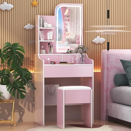 Dressing Table with Stool, Makeup Vanity Desk with Mirror and Lights, 3 Drawers & Side Storage Shelves, LED Mirror Color Changing Makeup Desk Vanity Table for Kids Teens Girls, 60cm Vanity Set Pink