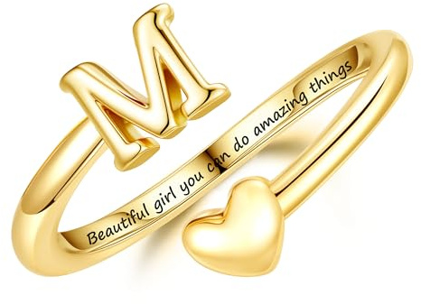 Turandoss Heart Initial Ring for Teen Girls Kids Gifts Trendy Stuff | Kids Rings for Girls, Non Tarnish 14K Gold Silver Plated, Adjustable A-Z Letter Ring, Birthday Gifts for Teen Girls Kids