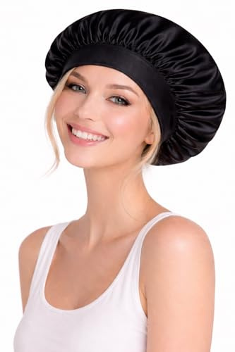 Générique Bonnet en Satin Noir – Taille Standard – Protection Cheveux Nuit – Anti-Frisottis & Anti-Casse – Doux, Confortable et Léger – Cheveux Lisses, Bouclés, frisés, Ondulés, Tresses, Locks.