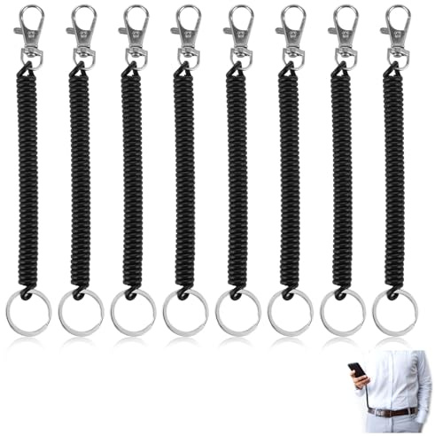 Ouligay Lot de 8 porte-clés rétractables à bobine à ressort avec fermoir mousqueton, cordon extensible anti-perte pour chaîne de portefeuille, clés, téléphone portable (noir)