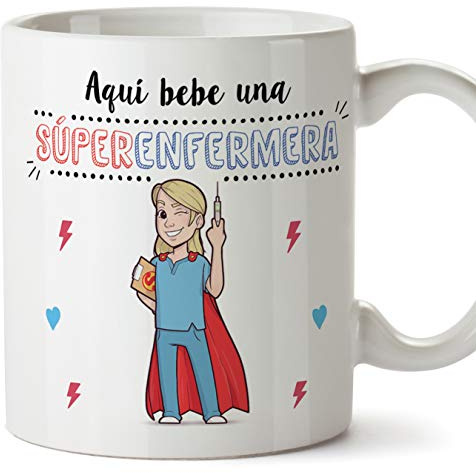 MUGFFINS Enfermera Tazas Originales de café y Desayuno para Regalar a Trabajadores Profesionales - AQUÍ Bebe UNA SÚPER Enfermera - Cerámica 350 ml