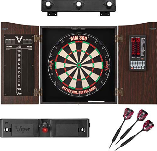 Deluxe Viper Dartboard Bundle with Cabinet, Integrated Pro Score, AIM 360 Sisal Dartboard, Dart Laser Line, Black Mariah Steel Tip Darts