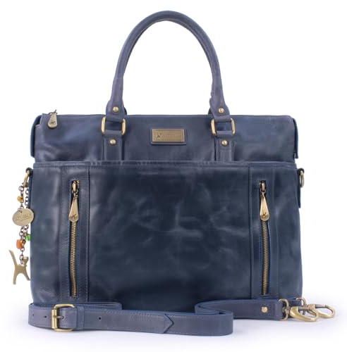 Catwalk Collection Handbags - Grande Borsa Tote in Vera Pelle - Borsa a Tracolla per PC - Valigetta 24 Ore Donna - Cartella da Lavoro - Adele - Blu