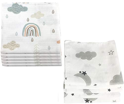 MMC 10x burp cloths muslin diapers baby cotton 80x70 cm | ÖKO-TEX (clouds (5 grey, 5 green))