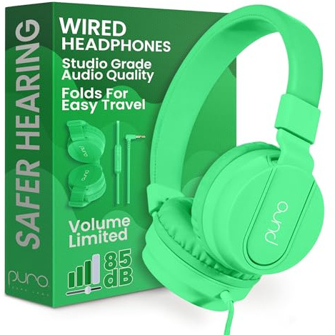 Puro Sound Labs PuroBasic Volume Limiting Wired Headphones for Kids, Foldable and Adjustable Headband with Microphone, Compatible with Smartphones, Tablets and PC - Green