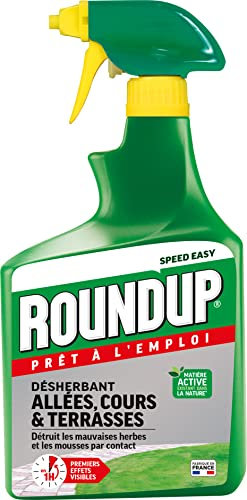 ROUNDUP RDCA12A - Désherbant Cours, Allées Terrasses Prêt à L'emploi 1,2 L - Premiers effets visibles 1h - Elimine mauvaises herbes et mousses par contact - Produit à base d'acide pélargonique - 33 m²