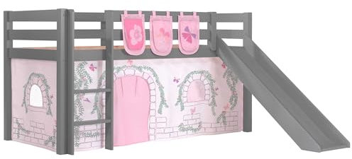 Vipack Spielbett Pino inkl. Rutsche mit Textilset Vorhang und 3 Taschen Birdy Kiefer massiv grau lackiert