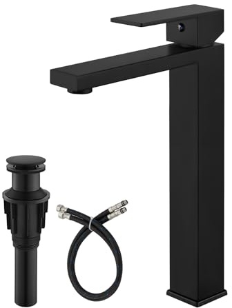 gotonovo Vessel Sink Faucet Single Handle Tall Bathroom Faucet One Hole Modern Lavatory Vanity Basin Mixer Tap Matching Supply Hoses and Pop up Drain Without Overflow, Matte Black