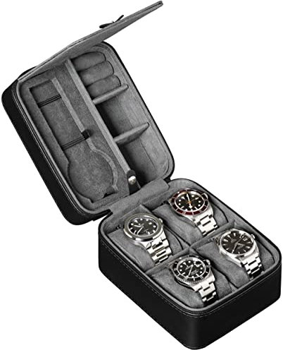 ROTHWELL 5 Watch Travel Case Storage Organizer for 5 Watches | Tough Portable Protection w/Zipper Fits All Wristwatches & Smart Watches Up to 50mm (Black/Grey)