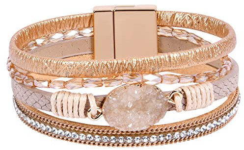 Aucuu Leder Wrap Cuff Armband mit Kristall Perlen und Magnetschnalle - Handgewebtes Boho Lederarmband für Frauen - Geschenk für Valentinstag, Muttertag, Geburtstag