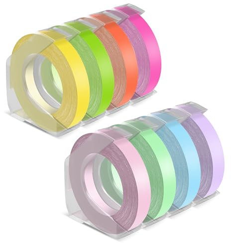 Vixic kompatible Omega Klebendes Etikettenband,Ersatz für Dymo Prägeband 9mm Farbig für Omega Motex E101,8 Rollen,Leuchtendes Gelb,Grasgrün,Flu Orange/Rosa,Macaron grün/rosa/lila/blau