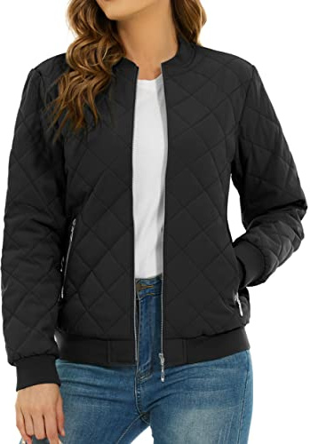 TACVASEN Ladies Quilted Jackets Winter Padded Coats Windbreaker Bomber Jacket with Pocket Puffer Bomber Jacket Casual Blouson,Black,XL