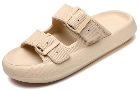 Waysoland Cloud Sliders Women Men Sandals with Adjustable Buckles,Shower Bathroom Non-Slip Quick Drying Open Toe Super Soft Comfy Thick Sole slippers Indoor Outdoor(Khaki,5.5/6.5 UK)