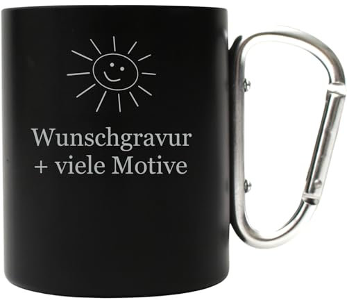 Karabiner Tasse Schwarz 250 ml mit personalisierter Gravur, Name, Spruch, Motiv - individuelle Rucksacktasse, lustiges Outdoor Geschenk, günstiger Becher, außergewöhnliche Camping Tasse