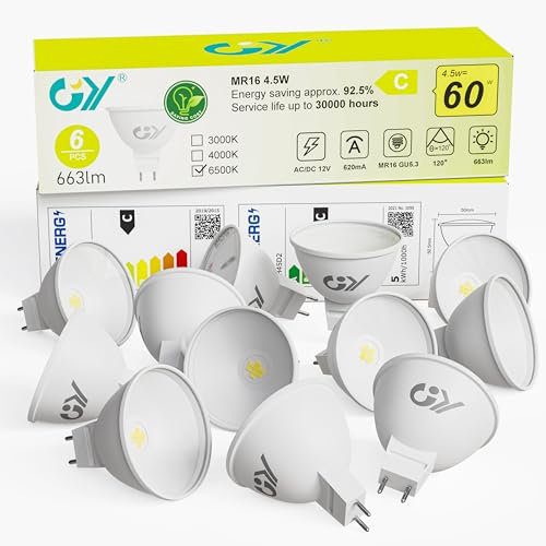 GY GU5.3 Lampadine LED 12V, MR16 4.5W (equivalenti a 60W), 663 Lumen 6500K LED Luce Fredda, Lampadina 120° Angolo del Fascio Lampadine GU5.3, Non Dimmerabile Lampadine, 12 pezzi
