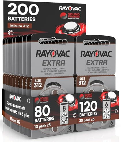 200 Rayovac Hörgerätebatterien der Extragröße 312 PR41 (braun) - 10 Blister mit 8 und 20 Blister mit 6 Batterien