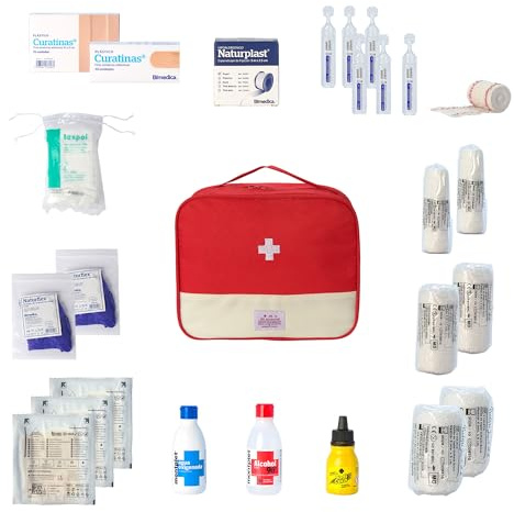 FERRETELIX® Botiquin Neceser Primeros Auxilios Rojo/Blanco con dotacion 25 cm x 20 cm x 13 cm Cierre Cremallera Completo Emergencia, para Viaje y Acampada, Coche