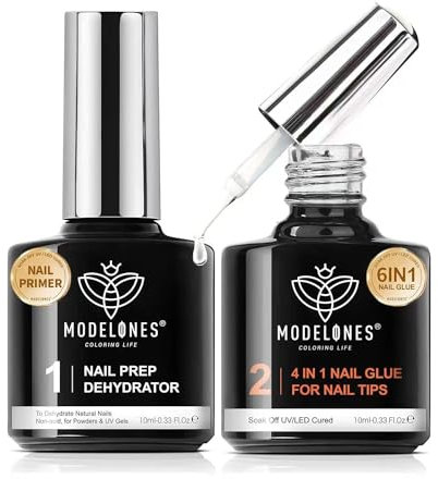 Modelones 4 in 1 Nail Glue & Gel Nail Prep Dehydrator Set, Gel Nail Polish Kit Nail Extension Set for False Nail Tips/Acrylic Nails/Base Gel/Bloom Gel/Adhesive Bond, Long Lasting Curing Needed