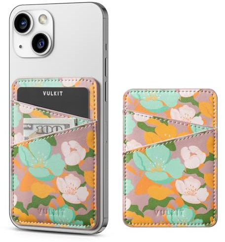 VULKIT Mobiltelefonkorthållare, smal läder, självhäftande, RFID-blockerande, kreditkortsfodral, klistermärke baksidan smarttelefon, Fleuri, minimalistiskt blommönster