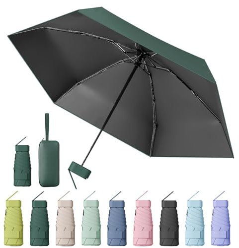 MPXEAVG Kompakter Regenschirm, Mini Schirm, Schirm UV Schutz, Regenschirm Damen Klein, Ultraleicht, Sonnenschirm Tragbar, Regenschirmbox(Dunkelgrün)