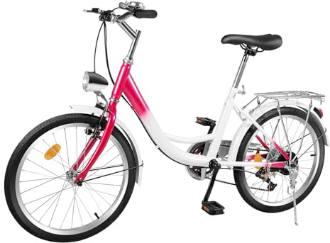 20 tum 6-växlad barncykel, barncyklar ultralätt aluminiumcykel utomhus hopfällbar cykel pojkar flickor cykelgåvor, höjdjusterbar sits för 12–16 år barn/rosa vit