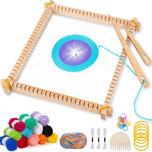 NewZC Petit Métier à Tisser Enfant de 6 à 12 Ans - 25 x 28 cm Cadre à Tisser en Bois Cadre de Tissage avec 13 Laine Colorée et Navette Peigne Kit de Bricolage Weaving Loom pour Fille et Débutants