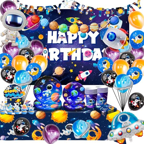 Rymdfödelsedag dekoration set, 88 stycken rymden festservis med rymden fest banner ballong bakgrund papperstallrik bordsduk servetter etc utrymme födelsedagsdekoration