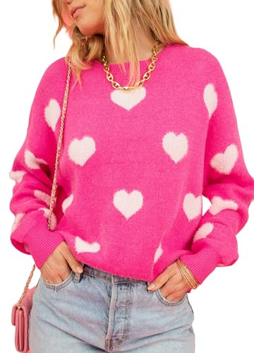 Lxootd Heart Sweater for Women Valentines Cute Print Crewneck Long Sleeve Loose Trendy Casual Knit Sweaters 2025 (A-Rose Red, L)