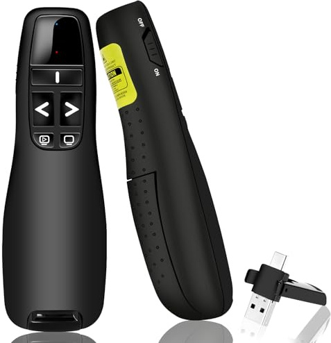 Oridolly Presentador Inalámbrico 2,4 GHz, Puntero Láser Presentaciones Powerpoint Rojo, Receptor USB y Tipo C, Distancia de 30 Metros para Windows/Mac/Linux/PowerPoint