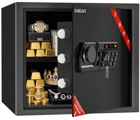 KABISAFE Safe 26L, Digital Home Box, Security Small Safes, Storage for Cash | Steel Safe with Keys, Code, Code Alarm System, Removable Shelf, Wall Safe for Jewelry, Cash, Medications, and A4 Documents