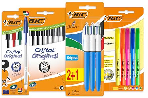 BIC Student Ballpoint Pens, Highlighters and 4 Colour Pens, black