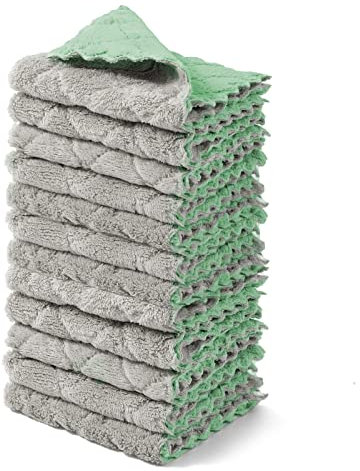 kimteny 12 Pack Dish Towels, 10x10 in Premium Dish Cloths, Super Absorbent Kitchen Towels Coral Velvet Dishcloths Nonstick Oil Fast Drying Washcloths (Green-Grey)