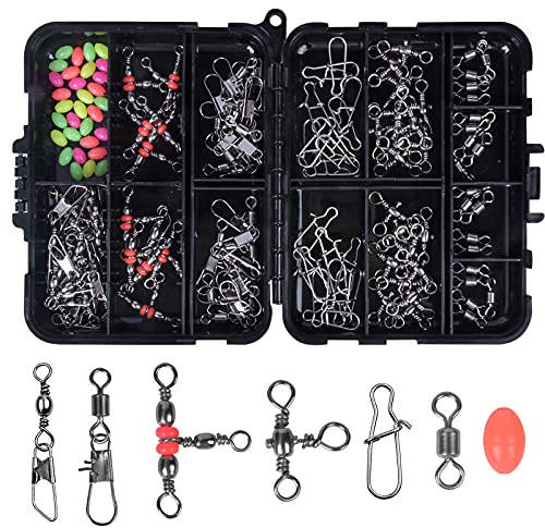 Jinlaili 140 Pezzi Pesca Accessori, Pesca Girevoli Kit, Pesca Girelle con Moschettone per Connettori Clip Girevoli, Anelli da Pesca, Girelle da Pesca a Canna Pesca Girevole da Pesca, Perline da Pesca